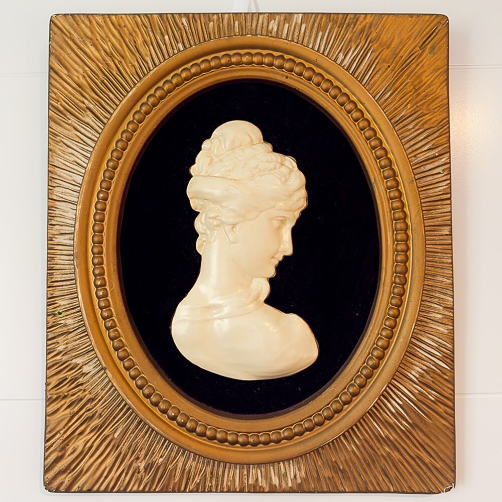 Vintage MCM Ivory Dimensional Bust w/Velvet Mat and Starburst Frame 18" x 16"